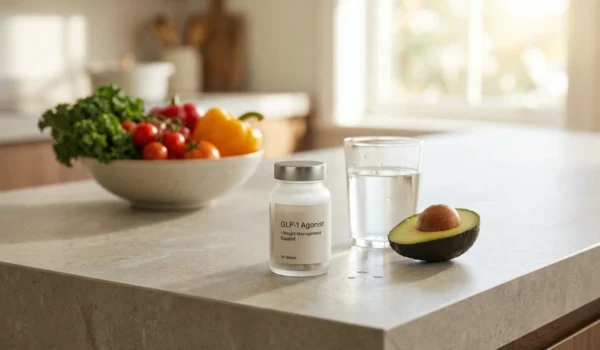 A frosted bottle of GLP-1 agonist weight management tablets sitting on a modern kitchen counter next to a glass of water and fresh vegetables, symbolizing oral weight loss medications.