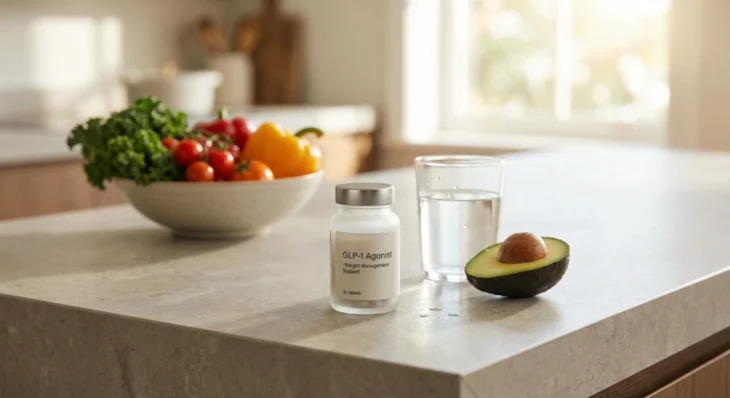 glp-1-agonist-medications-tablets-to-lose-weight A frosted bottle of GLP-1 agonist weight management tablets sitting on a modern kitchen counter next to a glass of water and fresh vegetables, symbolizing oral weight loss medications.