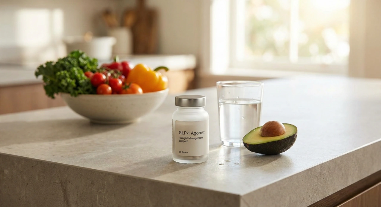 glp-1-agonist-medications-tablets-to-lose-weight A frosted bottle of GLP-1 agonist weight management tablets sitting on a modern kitchen counter next to a glass of water and fresh vegetables, symbolizing oral weight loss medications.