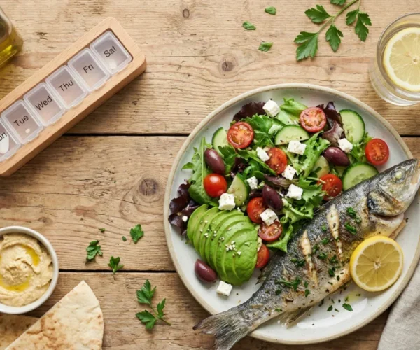 A top-down flat lay of a healthy Mediterranean meal featuring grilled fish, avocado, and hummus alongside a weekly pill organizer, representing the best diet for healthy weight loss.