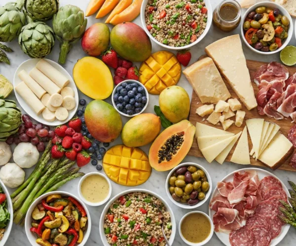 A vibrant, high-angle flat lay on a white marble surface bathed in bright, even natural light. The composition is a dense, colorful spread of fresh produce including bundles of green asparagus, halved papayas with black seeds, sliced mangoes, bowls of quinoa salad, and artisanal platters of aged cheese and prosciutto. The colors are highly saturated and crisp.