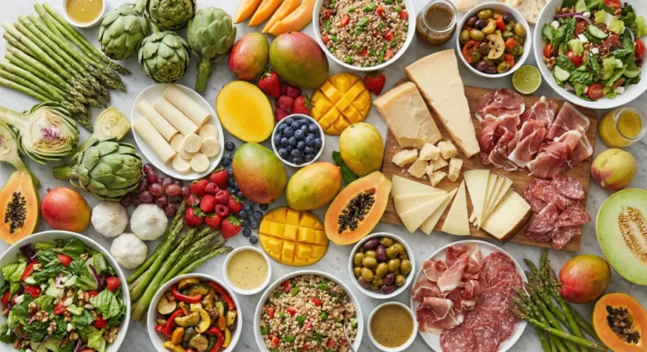healthy-food-pasadena-fogo-market-table A vibrant, high-angle flat lay on a white marble surface bathed in bright, even natural light. The composition is a dense, colorful spread of fresh produce including bundles of green asparagus, halved papayas with black seeds, sliced mangoes, bowls of quinoa salad, and artisanal platters of aged cheese and prosciutto. The colors are highly saturated and crisp.