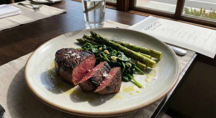 healthy-lunch-pasadena-arroyo-chop-house-prime-steak A close-up shot captured in natural daylight from a window. A light-colored ceramic plate displays a medium-rare filet mignon steak, sprinkled with coarse sea salt, accompanied by bright green grilled asparagus and sautéed spinach. To the right of the plate, a menu with the clear "ARROYO CHOP HOUSE" logo rests on the wooden table. The composition is clean, with soft shadows highlighting the juiciness of the meat.