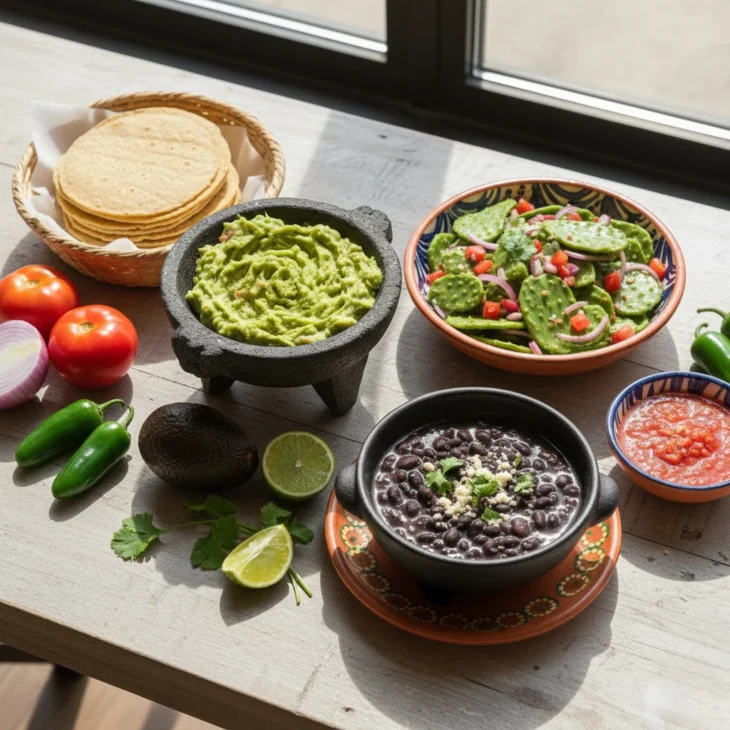 healthy-mexican-food-guacamole-nopales-black-beans Healthy Mexican food spread with guacamole, nopales cactus salad, black beans, corn tortillas, and fresh vegetables for a balanced weight-loss menu