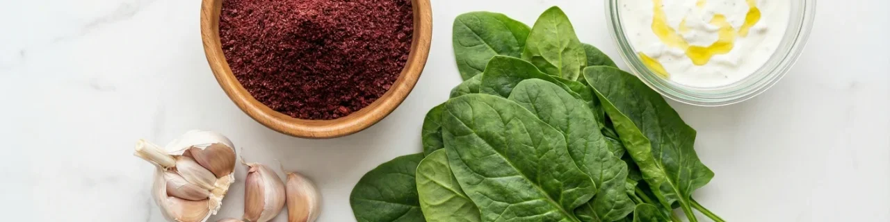 A flat-lay view of healthy ingredients on a white surface, including a bowl of red sumac, fresh garlic, green spinach leaves, and probiotic garlic yogurt sauce.