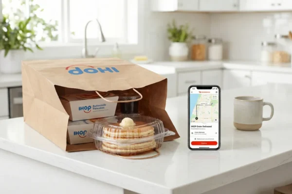 IHOP breakfast delivery order on a kitchen counter with pancakes and a mobile app screen.