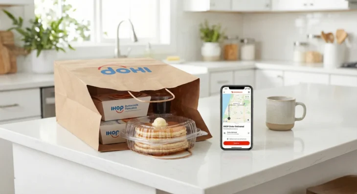 ihop-breakfast-delivery-order-at-home IHOP breakfast delivery order on a kitchen counter with pancakes and a mobile app screen.