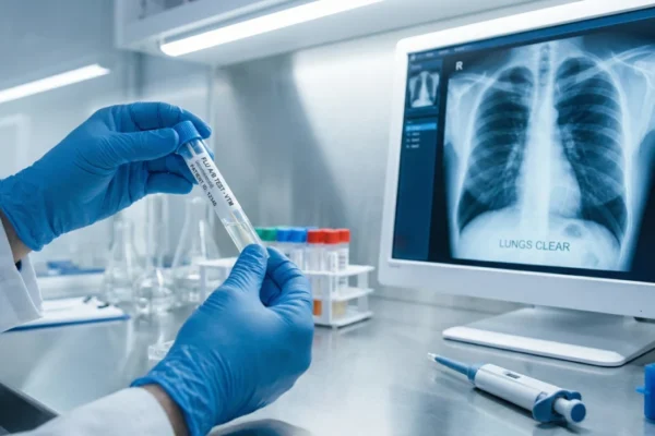 Medical professional holding an influenza A/B test tube in front of a chest X-ray monitor to identify the symptoms of the flu virus and determine how long do flu viruses last in the respiratory system.