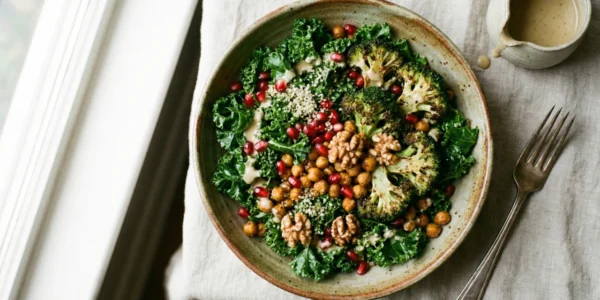 A top-down photograph of a vibrant salad in a rustic ceramic bowl, filled with curly kale, roasted broccoli florets, chickpeas, pomegranate seeds, walnuts, and hemp seeds, drizzled with a creamy dressing. The bowl sits on a natural linen cloth next to a vintage fork and a small pourer of dressing. Soft natural light from a window to the left illuminates the textures.