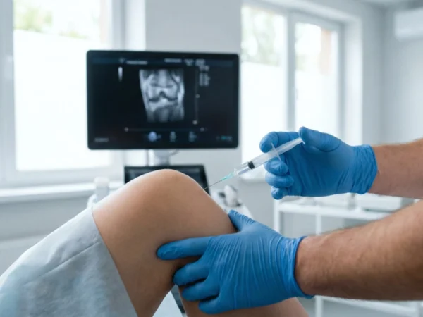A close-up of a healthcare professional in sterile blue gloves performing a precision joint injection, such as hyaluronic acid injections, to treat knee inflammation, with a diagnostic monitor showing a knee scan in the background.