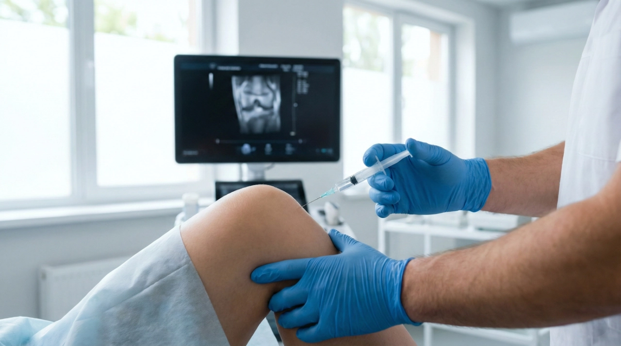 knee-joint-hyaluronic-acid-injections-procedure A close-up of a healthcare professional in sterile blue gloves performing a precision joint injection, such as hyaluronic acid injections, to treat knee inflammation, with a diagnostic monitor showing a knee scan in the background.
