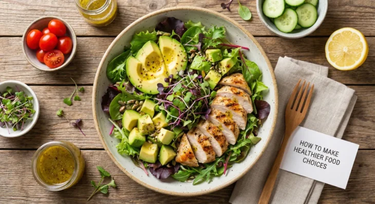 low-calorie-meal-high-protein-how-to-make-healthier-food-choices A top-down view of a nutritious low calorie meal high protein bowl featuring grilled chicken as a source of food with high quality protein, sliced avocado, and fresh microgreens. A card on the side provides a guide on how to make healthier food choices.
