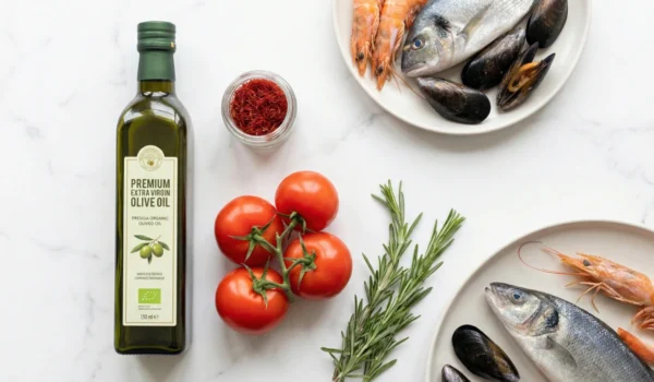 Close-up of an authentic seafood paella at Dos Besos in Pasadena, featuring a crispy socarrat rice layer that serves as a metabolism booster and supports healthy eating for high cholesterol.