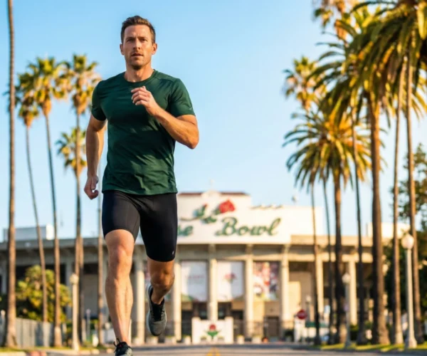 A dynamic low-angle shot of a fit man in a forest green performance shirt running directly toward the camera. The composition is centered and balanced, framed by towering, sun-drenched palm trees under a vivid blue sky. In the background, the iconic Rose Bowl stadium is clearly visible, featuring the text "Rose Bowl" in a classic green script above a red rose emblem. The lighting is bright and crisp, highlighting the runner's motion and the vibrant, energetic atmosphere of a California morning.