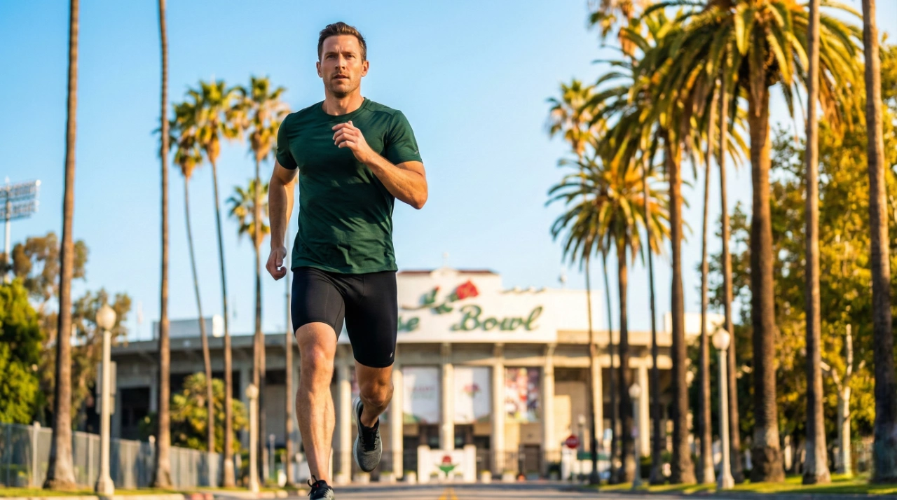 mens-health-pasadena-rose-bowl-running-fitness A dynamic low-angle shot of a fit man in a forest green performance shirt running directly toward the camera. The composition is centered and balanced, framed by towering, sun-drenched palm trees under a vivid blue sky. In the background, the iconic Rose Bowl stadium is clearly visible, featuring the text "Rose Bowl" in a classic green script above a red rose emblem. The lighting is bright and crisp, highlighting the runner's motion and the vibrant, energetic atmosphere of a California morning.