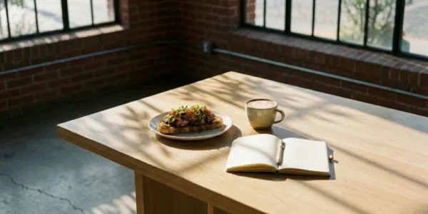 A lifestyle photograph of a peaceful morning scene. A minimalist wooden table holds a gourmet toast topped with ingredients, a ceramic cup of coffee with latte art, and an open blank notebook with a pen. The table is positioned in a corner room with exposed brick walls and large industrial-style windows, with strong sunlight casting geometric shadows across the wooden surface.