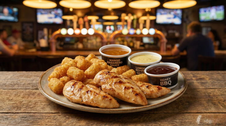 naked-chicken-tenders-potato-sides-dipping-sauces-sports-bar Naked chicken tenders with potato sides and dipping sauces on a plate in a sports bar