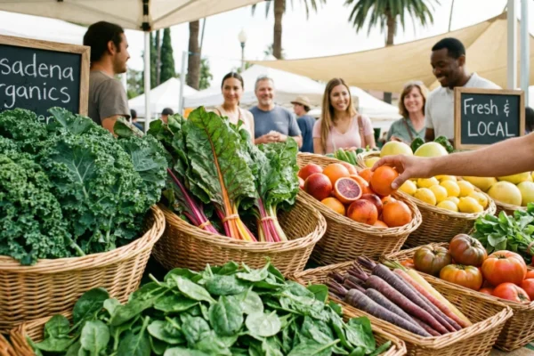 A sunlit photograph capturing a bustling outdoor farmers' market stall. In the foreground, wicker baskets are overflowing with fresh produce: bundles of leafy green kale and spinach, colorful rainbow chard, a pile of oranges and blood oranges being reached for by a hand, ripe tomatoes, and bunches of radishes and carrots. Two chalkboard signs are visible; the left one reads "Pasadena Organics" and "Kale", and the right one says "Fresh & Local". In the background, smiling people browse under white canopy tents, with palm trees and a clear sky above. The light is bright and natural.