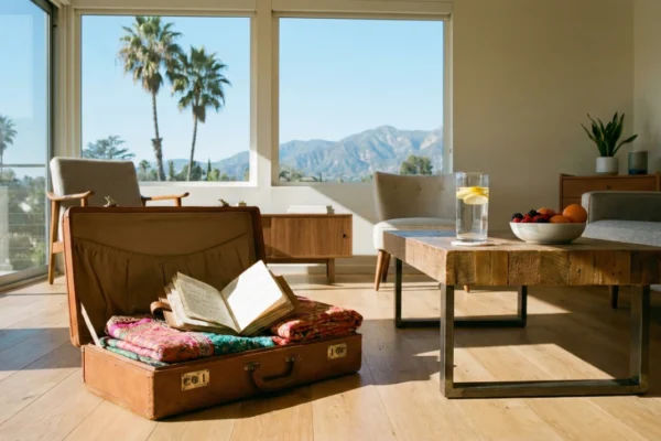 A bright, modern living room bathed in natural sunlight streaming through large floor-to-ceiling windows that offer a panoramic view of palm trees and the San Gabriel Mountains under a clear blue sky. On a light wooden floor in the foreground, an open vintage leather suitcase contains folded colorful textiles and an open journal. To the right, a rustic wooden coffee table holds a tall glass of water with lemon slices and a bowl of fruit. Modern armchairs and a credenza are in the background. The atmosphere is calm and serene.