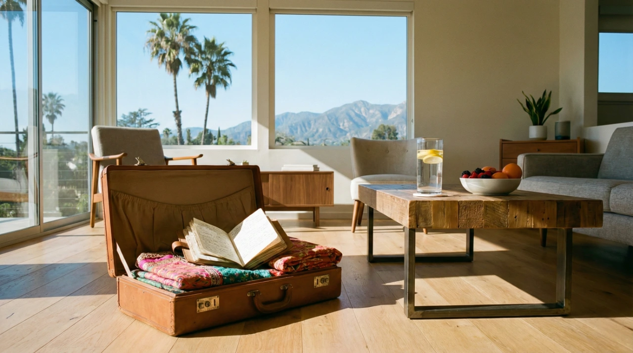 pasadena-living-room-post-travel-recovery-view-mountains A bright, modern living room bathed in natural sunlight streaming through large floor-to-ceiling windows that offer a panoramic view of palm trees and the San Gabriel Mountains under a clear blue sky. On a light wooden floor in the foreground, an open vintage leather suitcase contains folded colorful textiles and an open journal. To the right, a rustic wooden coffee table holds a tall glass of water with lemon slices and a bowl of fruit. Modern armchairs and a credenza are in the background. The atmosphere is calm and serene.