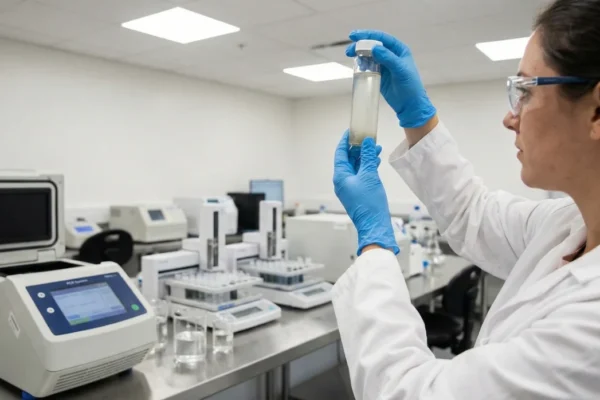 A side-profile shot of a scientist in a white lab coat and blue nitrile gloves, holding a glass vial up to neutral, bright overhead laboratory lighting. The composition focuses on the vial, with high-tech PCR machines and analytical scales visible in the clean, sterile background.