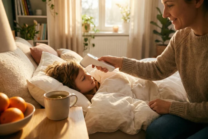 symptoms-of-measles-and-rash-fever-check-pasadena A warm, golden-hour photograph in a cozy bedroom. On the right, a smiling woman in a beige knit sweater holds a white infrared thermometer to the forehead of a child lying in a plush white bed. Bright, hazy sunlight streams from a window in the background, illuminating indoor plants and creating a soft glow. In the bottom-left foreground, a wooden table holds a bowl of oranges and a ceramic mug of tea. The composition is a close-up with a shallow depth of field.