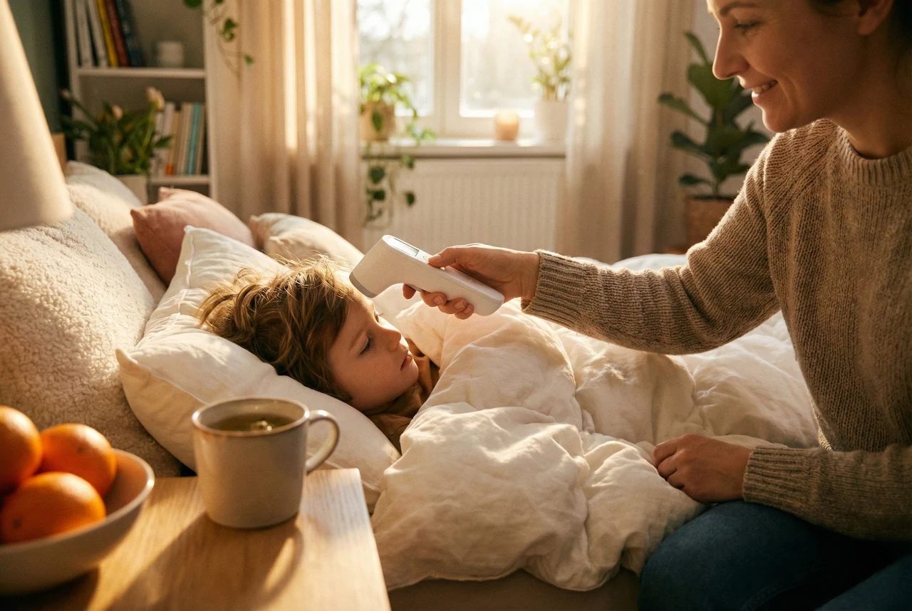 symptoms-of-measles-and-rash-fever-check-pasadena A warm, golden-hour photograph in a cozy bedroom. On the right, a smiling woman in a beige knit sweater holds a white infrared thermometer to the forehead of a child lying in a plush white bed. Bright, hazy sunlight streams from a window in the background, illuminating indoor plants and creating a soft glow. In the bottom-left foreground, a wooden table holds a bowl of oranges and a ceramic mug of tea. The composition is a close-up with a shallow depth of field.