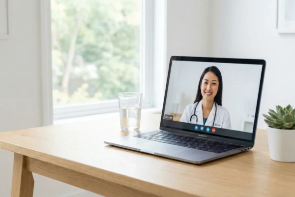 A bright, high-key minimalist photograph of a silver MacBook Pro on a light oak wooden desk. The screen displays a high-definition video call with a smiling female doctor in a white lab coat and stethoscope; the text "Dr. Lee" is visible in the bottom corner of the call window. A glass of water sits behind the laptop, and a small green succulent in a white pot is on the right. A large, bright window in the background fills the room with clean, natural daylight.