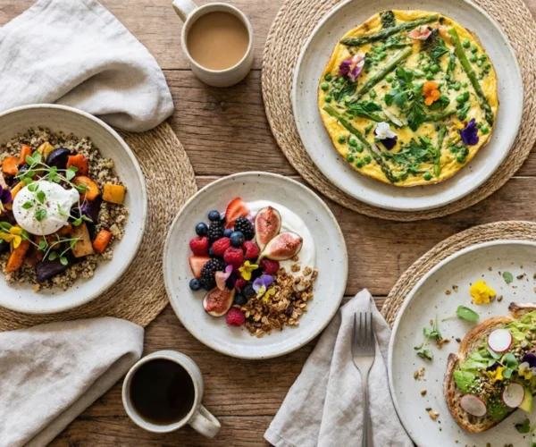 A top-down view of a nutritious breakfast spread featuring a quinoa power bowl, avocado toast, fresh berry yogurt, and a green vegetable frittata, providing excellent breakfast food ideas healthy for an active lifestyle.