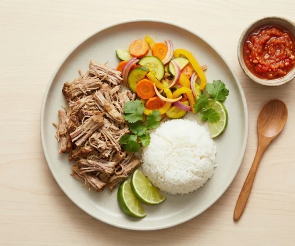 A minimalist overhead flat-lay photograph of a healthy Indo-Hawaiian plate lunch on a light wood surface. The composition features a clean white ceramic plate divided into organized sections: shredded slow-cooked Kalua pork, a neat scoop of fluffy white rice, and a colorful salad of sliced cucumbers, carrots, and onions. Bright, even daylight illuminates the scene, emphasizing the fresh textures. A small stone bowl of vibrant red sambal sauce and a wooden spoon are placed neatly to the side.