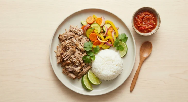 top-restaurant-kalua-pork-plate-lunch-balanced-nutrition A minimalist overhead flat-lay photograph of a healthy Indo-Hawaiian plate lunch on a light wood surface. The composition features a clean white ceramic plate divided into organized sections: shredded slow-cooked Kalua pork, a neat scoop of fluffy white rice, and a colorful salad of sliced cucumbers, carrots, and onions. Bright, even daylight illuminates the scene, emphasizing the fresh textures. A small stone bowl of vibrant red sambal sauce and a wooden spoon are placed neatly to the side.