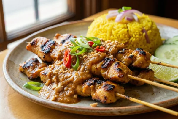 A high-angle, close-up shot of grilled chicken satay skewers at Top Restaurant Pasadena, featuring deep grill marks and a glossy, textured peanut sauce topped with crushed nuts and fresh chili. The composition uses a shallow depth of field, with a vibrant mound of yellow turmeric rice and fresh cucumber slices softly blurred in the background. Warm, natural side lighting from a nearby window highlights the succulent texture of the meat and the richness of the sauce.