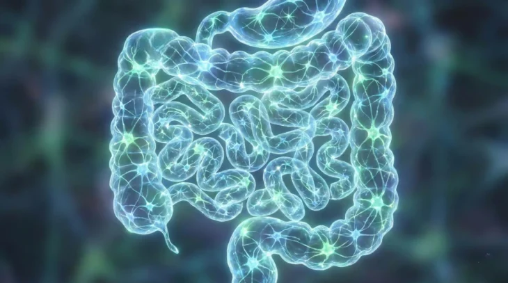 vitamins-for-gut-health-enteric-nervous-system-diagram A detailed, 3D medical illustration of a human intestinal tract featuring a glowing neon-blue and green neural network. The composition uses ethereal, cinematic lighting with bright nodes of light at the nerve intersections, set against a soft, dark, out-of-focus background to emphasize gastrointestinal health.