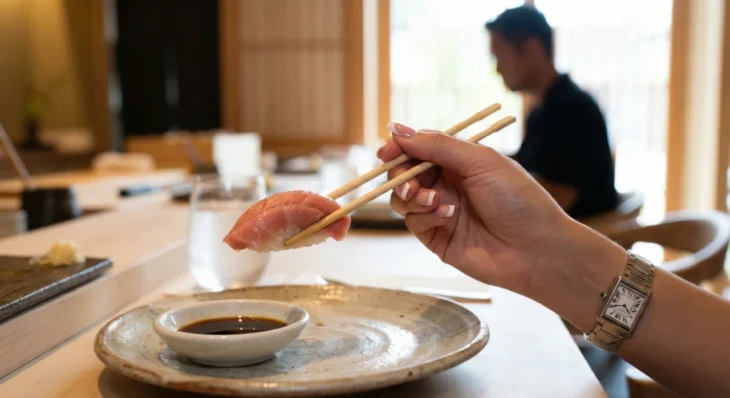 weight-loss-pasadena-kaviar-omakase-mindful-eating A guest enjoying fresh nigiri sushi during an Omakase session at KAVIAR Pasadena, promoting mindful eating and weight loss in Pasadena.