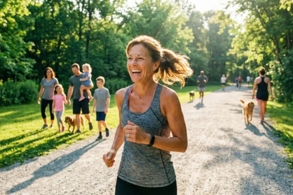 Bright daylight illuminates a joyous middle-aged woman running on a sun-dappled gravel path in a lush green park. Her hair is pulled back, she is laughing, and wears a grey tank top. In the background, a family with children and dogs, and other runners, are visible, creating a lively, active scene.