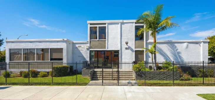 A wide-angle architectural shot of the AMG Medical Clinic at 193 E Orange Grove Blvd under a bright, cloudless blue sky. The composition is centered on the modern white and grey two-story medical building, framed by a lush palm tree on the right and a dark metal security fence in the foreground. Sharp midday sunlight highlights the textured stucco of the "AMG Medical Clinic" signage and the bold house number 193.