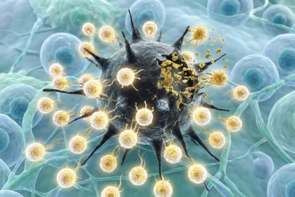 A high-contrast scientific 3D illustration shows a large, dark, spiky cancer cell in the center, which is breaking apart. It is surrounded and being attacked by numerous smaller, glowing yellow-gold spherical agents. The background consists of blurry, healthy blue cells and biological structures.