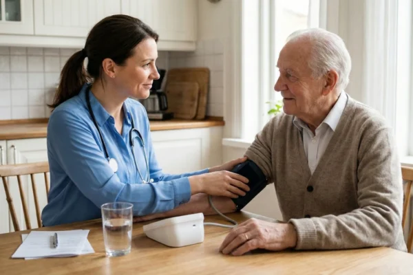 A high-resolution editorial photo of a physician in blue scrubs performing a blood pressure check on an elderly man in a beige cardigan. The scene is set at a warm wooden kitchen table, illuminated by soft, natural daylight coming from a side window. The composition is a balanced medium shot with a shallow depth of field, showing a clean domestic background with white cabinets. A stethoscope is draped around the doctor’s neck as she makes eye contact with the patient.
