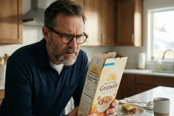 A cinematic medium close-up of a middle-aged man with glasses and a grey-flecked beard, his face etched with a focused, concerned expression. He is intently reading the "Nutrition Facts" panel on a box of "Sunrise Valley Granola." Soft side-lighting highlights the texture of the cardboard and his facial features against a blurred, warm-toned kitchen background.