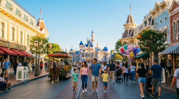 disneyland-family-walking-main-street-castle-sunny A wide-angle, sun-drenched photograph capturing a family of four walking hand-in-hand down a bustling Main Street, U.S.A. at Disneyland during golden hour. The warm, golden light casts long shadows, illuminating the crowded street and the facades of Victorian-style buildings. Sleeping Beauty Castle is the central focal point in the distance under a clear, pale blue sky. On the left, a red awning reads "MAIN STREET U.S.A." and a horse-drawn trolley is visible. On the right, a vendor holds a large cluster of colorful balloons. The composition is centered on the smiling family as they move towards the camera.
