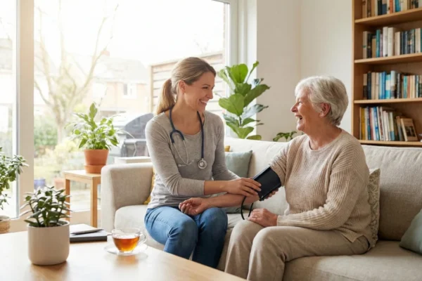 A wide, bright shot featuring soft, natural light streaming through a window onto a living room scene. A female clinician in a gray shirt with a stethoscope around her neck smilingly performs a blood pressure check for an elderly woman seated on a beige couch. The composition is warm and inviting, emphasizing a comfortable home healthcare environment.