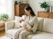 A serene, centered medium shot of a woman in a light-colored linen robe sitting on a cream fabric sofa. She is cradling a peacefully sleeping newborn wrapped in a white swaddle. The scene is illuminated by soft, diffused daylight from a window to the left, creating an airy and calm atmosphere. The background features mid-century modern wooden furniture and lush green houseplants, emphasizing a clean, peaceful, and restorative home environment.