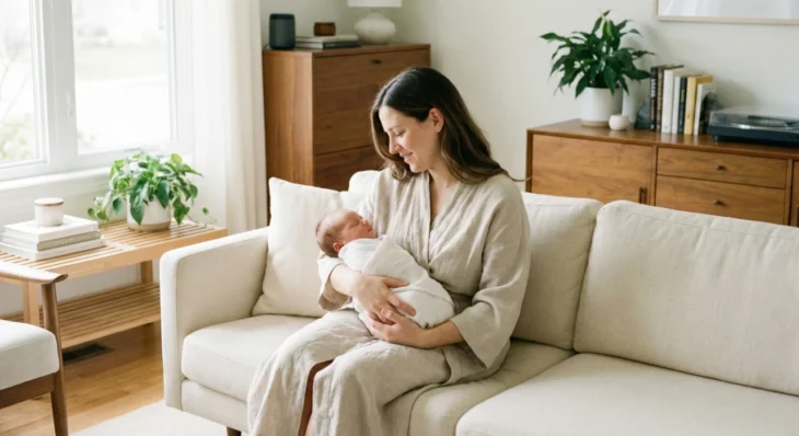 fourth-trimester-mother-newborn-recovery-at-home A serene, centered medium shot of a woman in a light-colored linen robe sitting on a cream fabric sofa. She is cradling a peacefully sleeping newborn wrapped in a white swaddle. The scene is illuminated by soft, diffused daylight from a window to the left, creating an airy and calm atmosphere. The background features mid-century modern wooden furniture and lush green houseplants, emphasizing a clean, peaceful, and restorative home environment.