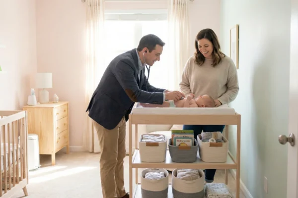 A medium-wide shot of a sun-drenched nursery with soft pink and mint green walls. A male healthcare professional in a blazer and khakis leans over a wooden changing table, using a stethoscope to examine a newborn baby. To the right, a woman in a beige sweater looks on with a gentle smile. The composition is balanced and clean, with bright natural light streaming from a large window in the background, highlighting the organized storage baskets and minimalist decor.