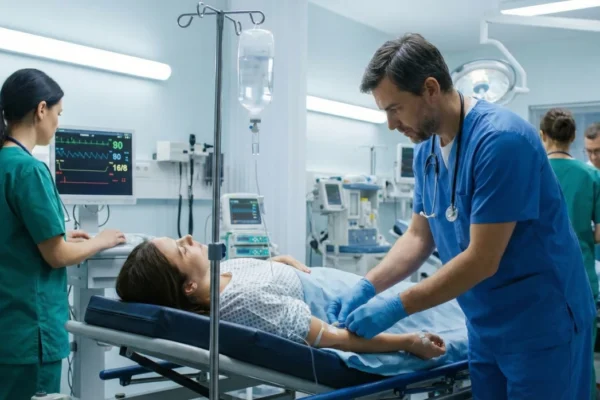High-angle medium shot in a brightly lit, clinical hospital room. A doctor in blue scrubs and gloves leans over a patient in a hospital bed to adjust an IV line. In the background, a nurse in green scrubs monitors a glowing electronic screen. The lighting is cool and sterile, with a clear focus on the medical intervention.