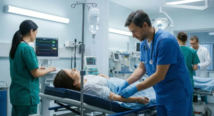 High-angle medium shot in a brightly lit, clinical hospital room. A doctor in blue scrubs and gloves leans over a patient in a hospital bed to adjust an IV line. In the background, a nurse in green scrubs monitors a glowing electronic screen. The lighting is cool and sterile, with a clear focus on the medical intervention.