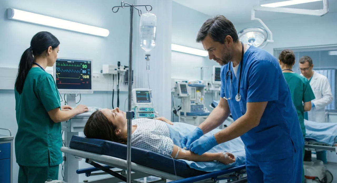 High-angle medium shot in a brightly lit, clinical hospital room. A doctor in blue scrubs and gloves leans over a patient in a hospital bed to adjust an IV line. In the background, a nurse in green scrubs monitors a glowing electronic screen. The lighting is cool and sterile, with a clear focus on the medical intervention.