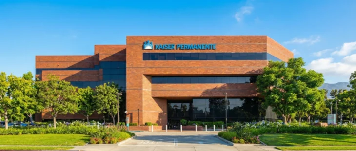 A bright, direct front photograph of the main entrance of the brick Kaiser Permanente building under a clear blue sky. A prominent "KAISER PERMANENTE" logo and text sign is centered on the upper facade above the windows. Sunlight creates distinct shadows, highlighting the textured brick and the lush, well-maintained landscaping with green lawn, bushes, and trees in the foreground. A paved driveway leads to the glass doors.