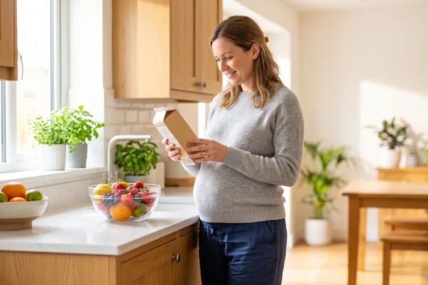 Pregnant woman checking a food label in a bright kitchen to avoid Listeria during pregnancy.