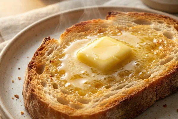A cinematic close-up of a thick slice of toasted sourdough bread on a ceramic plate. A square of golden margarine or butter is melting in the center, glistening under warm, side-lit sunlight. Wisps of steam rise from the hot bread, creating a rich, textured appearance with a shallow depth of field.